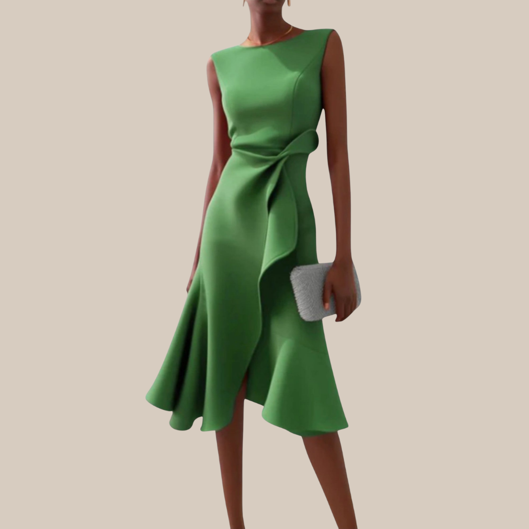 Boat Neck Sleeveless Twist Waist Ruffle Asymmetric Bodycon Midi Dress