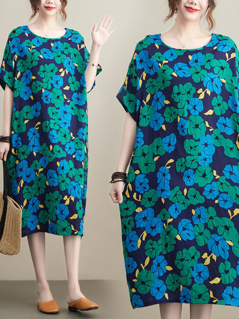 Green Round Neck Floral Print Short Sleeve Loose Midi Dress 3