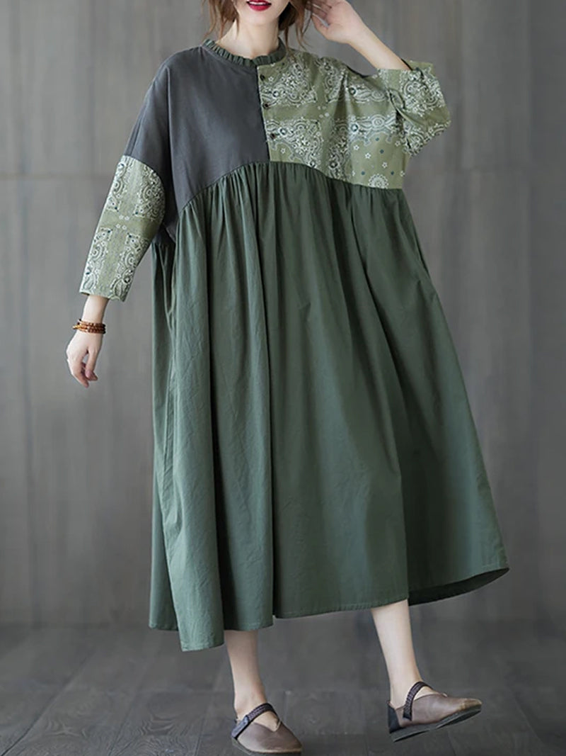 Ruffle Collar Paisley Patchwork Pleated Long Sleeve Smock Maxi Dress