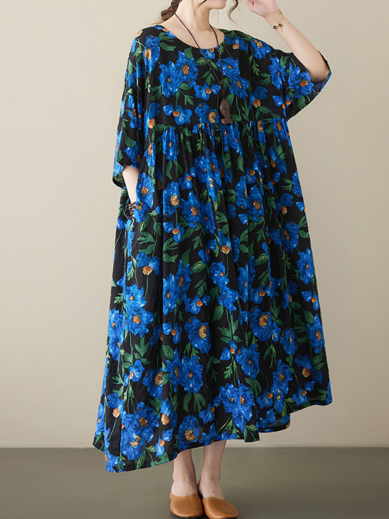 Blue Round Neck Floral Print High Waist Loose Cotton Maxi Dress