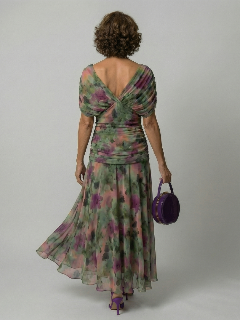 Off-Shoulder V-Neck Watercolor Floral Ruched Chiffon Maxi Dress 14