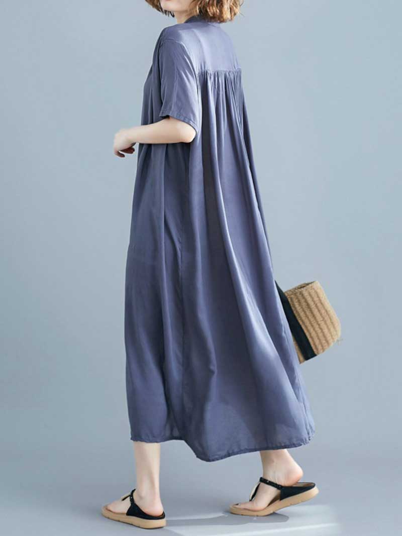 Button Front Short Sleeve Loose Cotton Shirt Maxi Dress 10