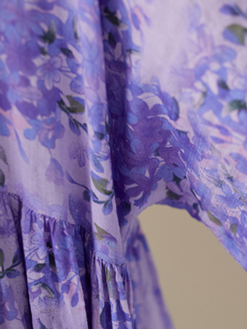 Round Neck Short Sleeve Floral Print Pleated Smock Maxi Dress