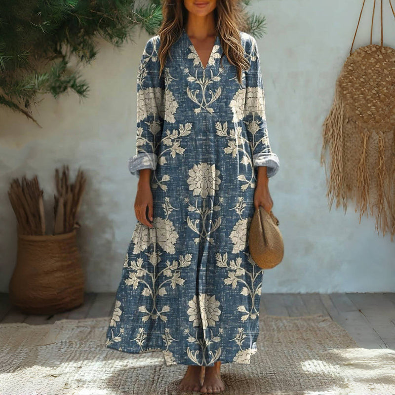 Split Neck Floral Print Long Sleeve Loose Linen Maxi Dress
