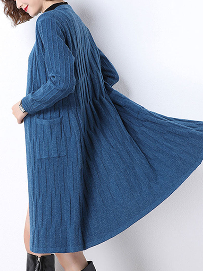 Open Front Ribbed Knit Patch Pocket Long Sleeve Cardigan 7