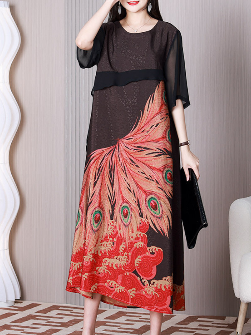 Round Neck Half Sleeve Peacock Print Chiffon Midi Dress