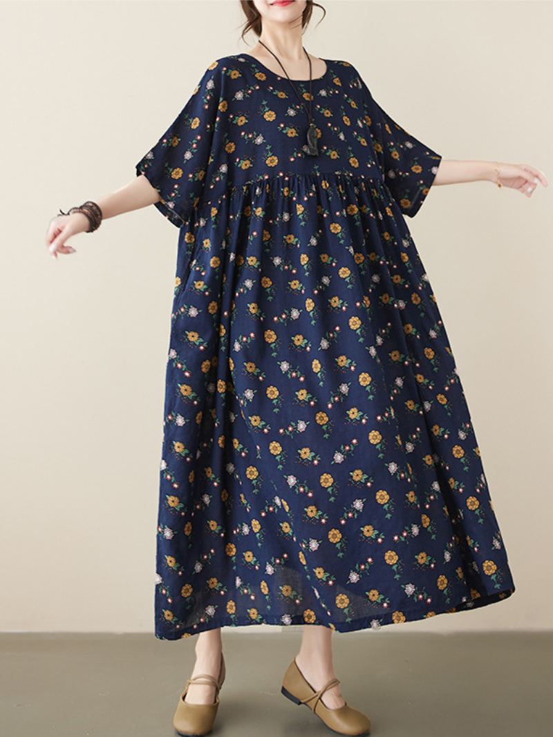 Navy Blue Round Neck Short Sleeve Floral Print Smock A-Line Maxi Dress 4