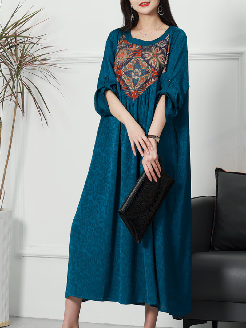 Round Neck Printed Yoke Half Sleeve Jacquard A-Line Maxi Dress