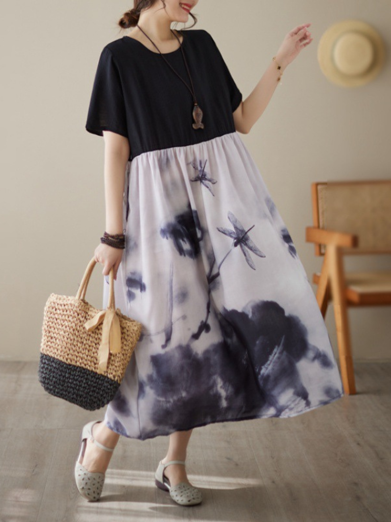 Black Round Neck Short Sleeve Ink Print A-Line Midi Dress 2