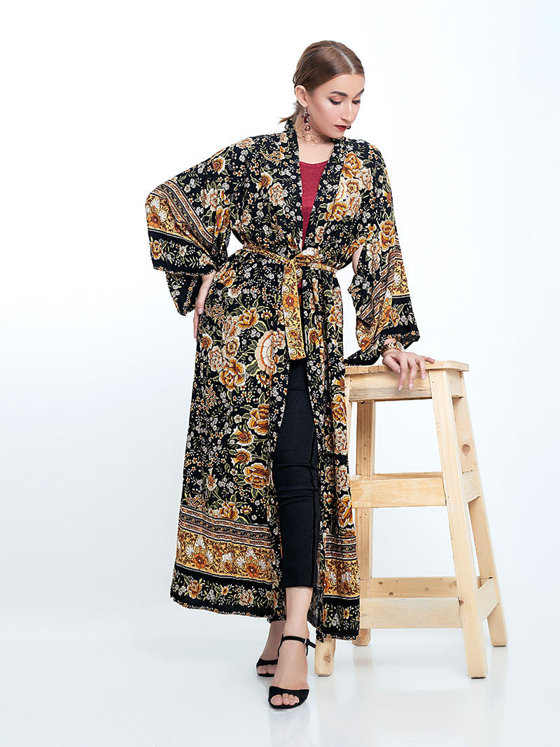 Black Baroque Floral Print Border Trim Belted Wide Sleeve Long Kimono