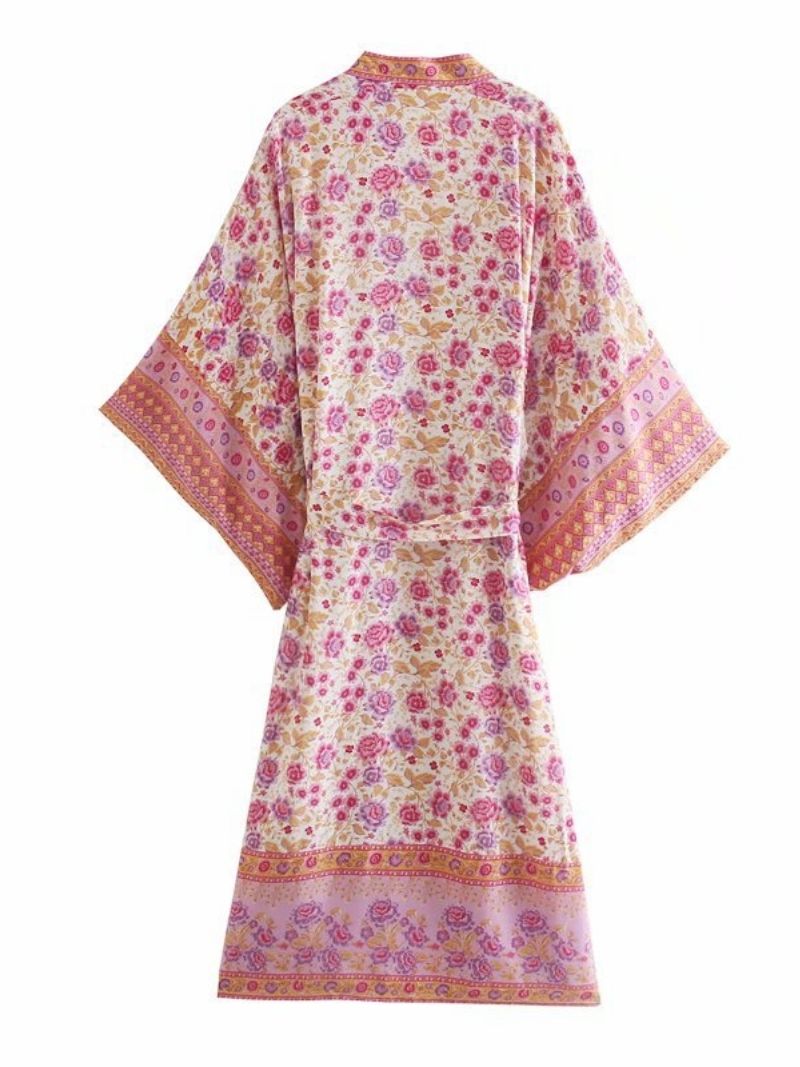 Pink Open Front Floral Print Belted Bohemian Maxi Kimono 2