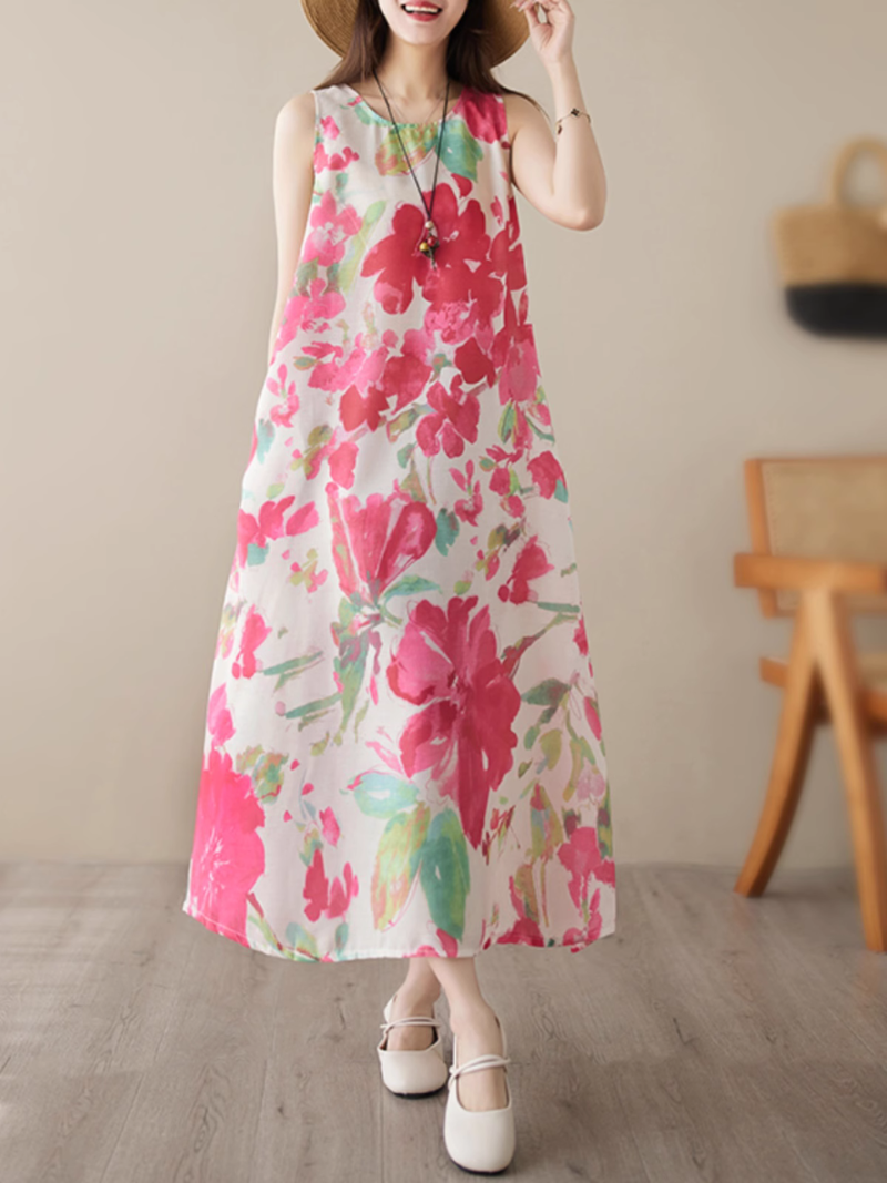 Round Neck Watercolor Floral Print Sleeveless A-Line Midi Dress