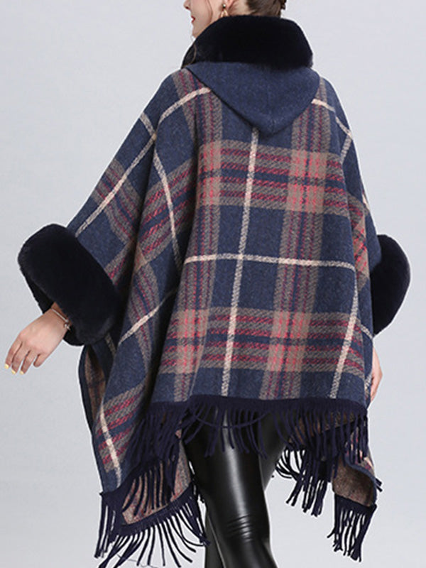 Faux Fur Trim Plaid Tassel Hem Cape Poncho Cardigan
