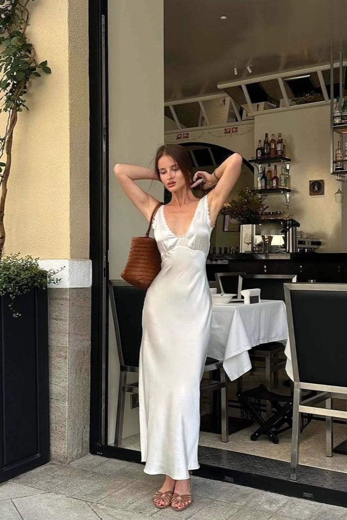 Lace Cutout White Halter VNeck Mermaid Silk Dress