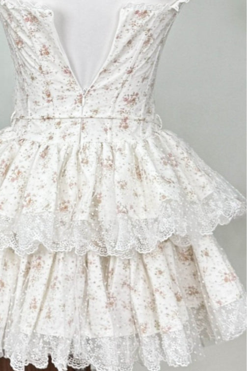 Apricot Square Neck Lace Trim Swiss Dot Tiered Belted Mini Dress 5