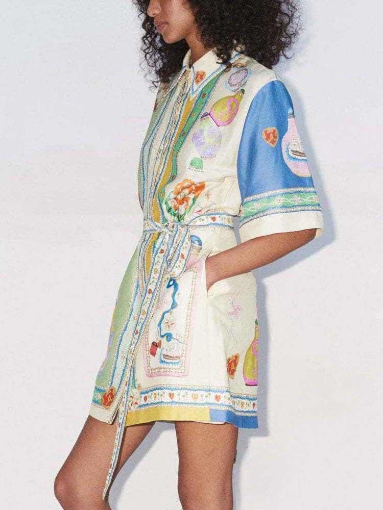 Unique Exquisite Oil Painting Print Lace Up Cardigan Mini Dress