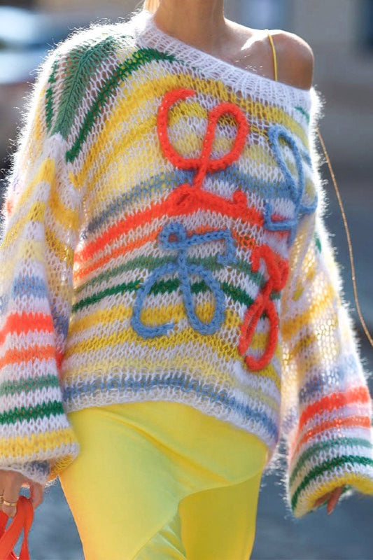 Trendy Color Block Stripe Loose Knit Sweater
