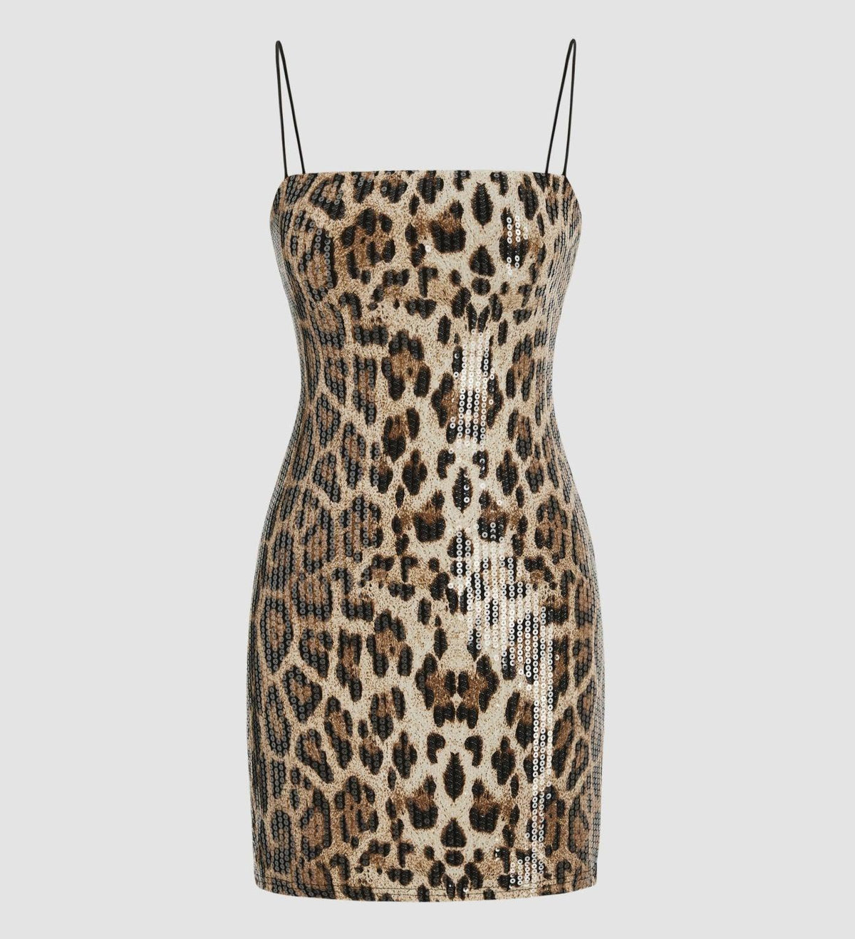 Leopard Straight Neck Spaghetti Strap Sequin Leopard Bodycon Mini Dress 7