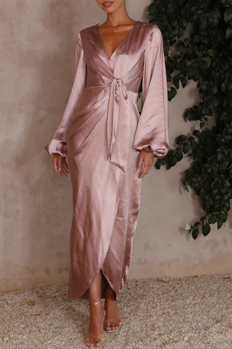 Arabella Elevated Long Sleeved Dress with a V Neckline and a Tie Waist Statement Occasion Edit