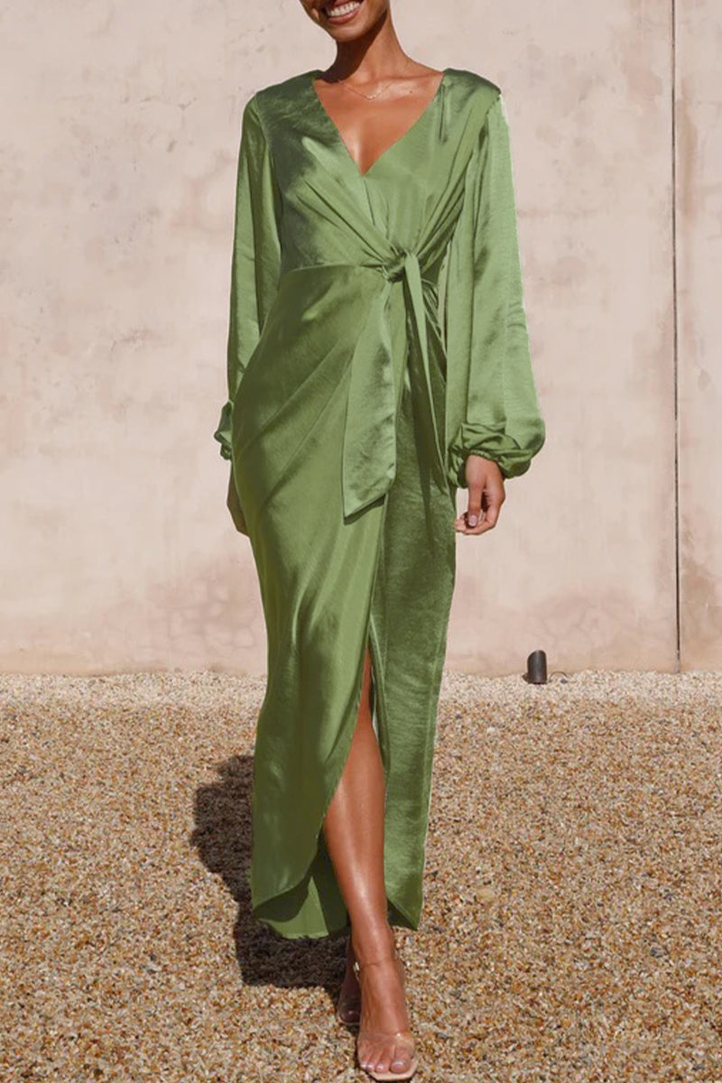 Arabella Elevated Long Sleeved Dress with a V Neckline and a Tie Waist Statement Occasion Edit