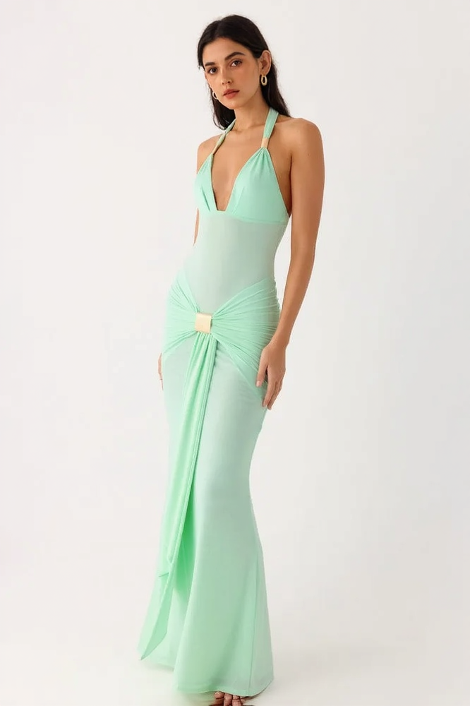 Deep V Halter Backless Sash Bodycon Party Dress
