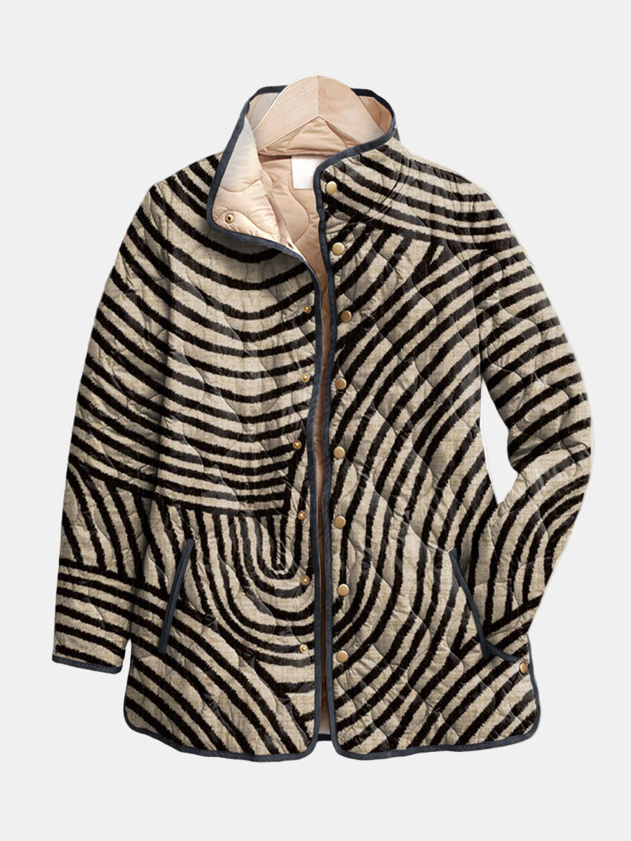Multicolor Stand Collar Swirl Line Print Quilted Button Jacket