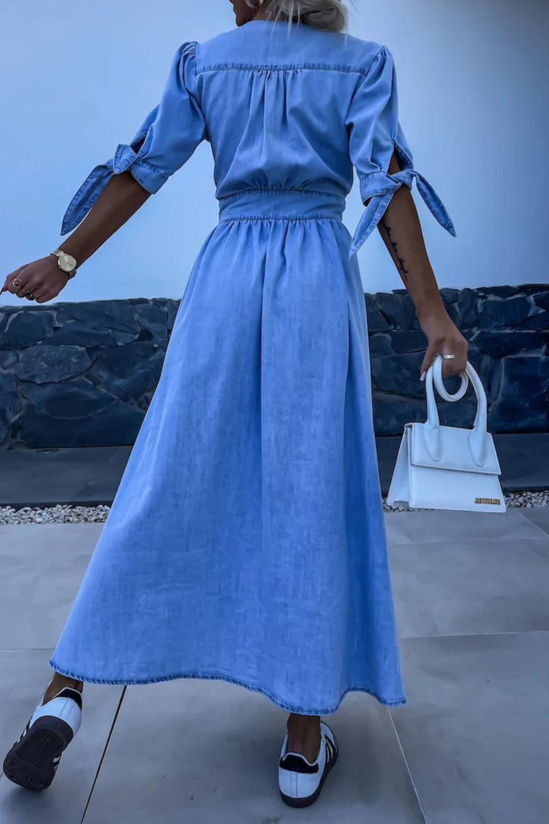Alina Chic Solid Color Loose Denim Dresses with V Neck, Half Length Sleeves and Buckle Premium Wardrobe Essential