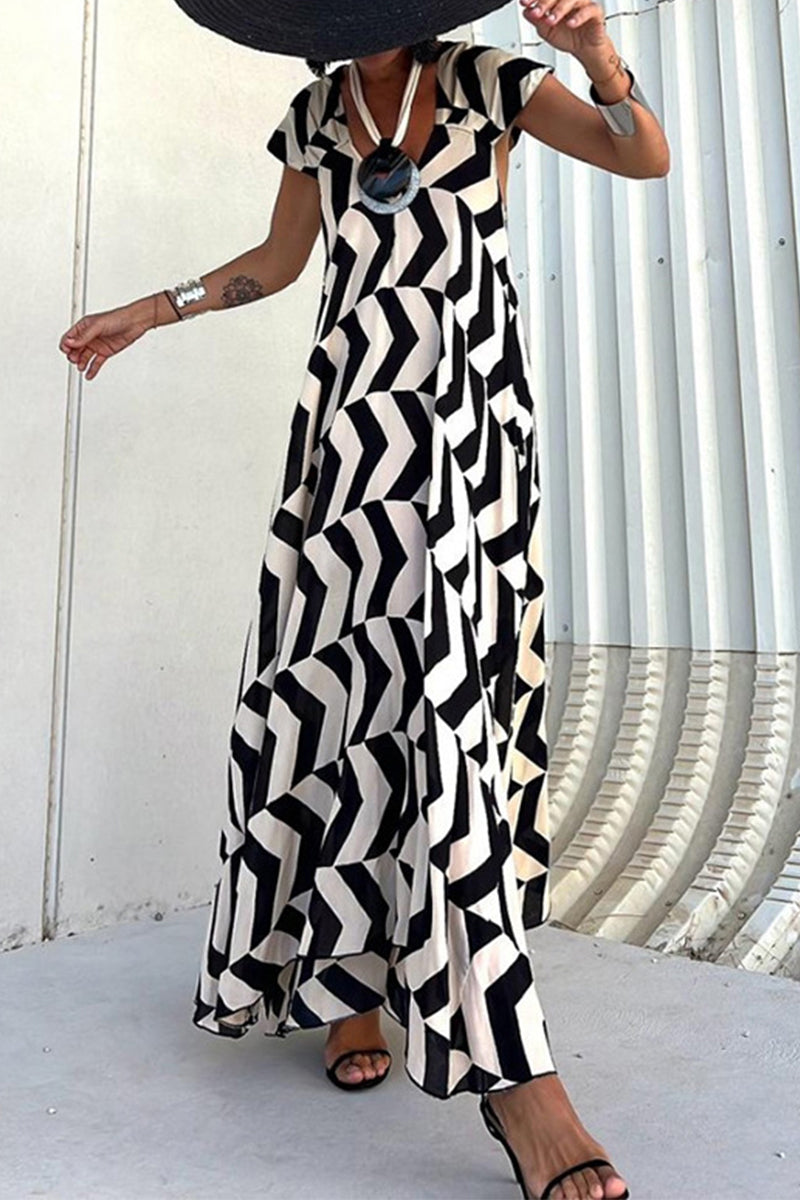 Natividad Timeless Casual Vintage Geometric Print Wavy Backless Asymmetrical V Neck Printed Dresses Boutique Dress Collection