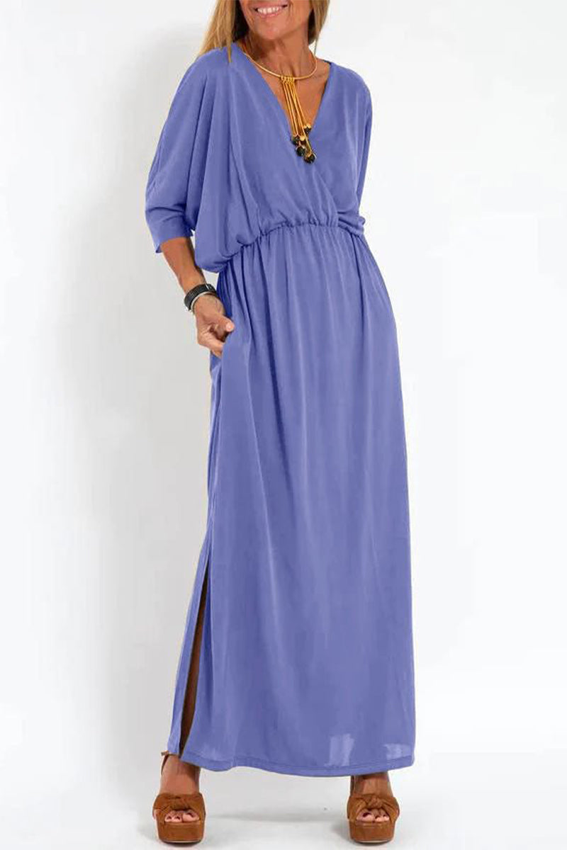 Nelly Exclusive Casual, , Solid Color, One Tier Skirt Dresses with Pocket Slit and V Neck Elevated Occasion Wear