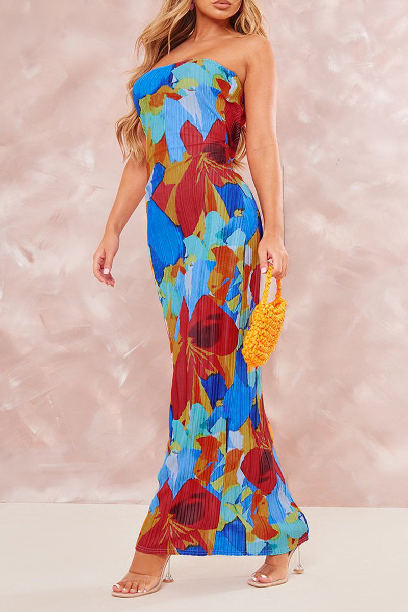 Maricarmen Minimalist Printed Patchwork Pleated Strapless Pencil Skirt Dresses Chic Silhouette Collection