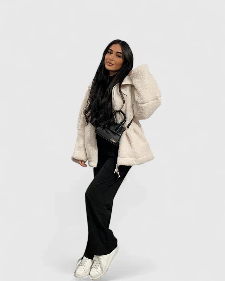 Stand Collar Zip-Front Patch Pocket Sherpa Teddy Jacket