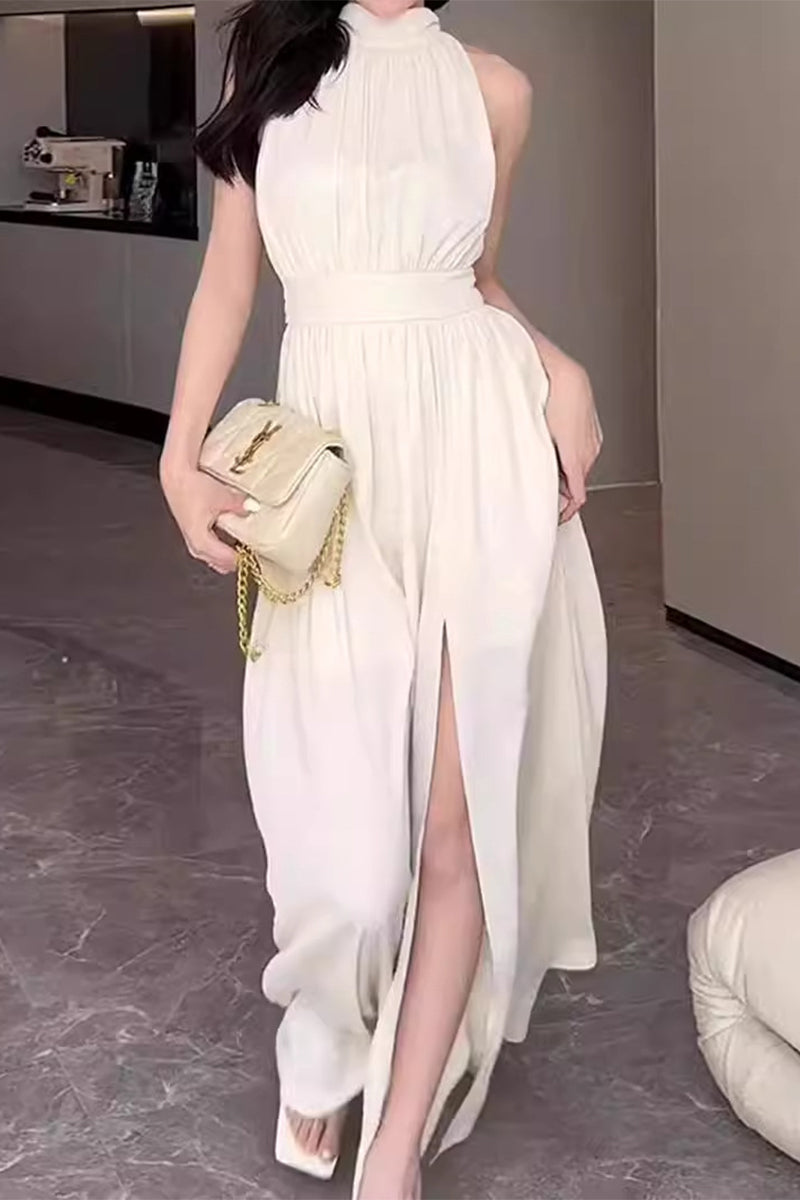 Karol Timeless Solid Color Dresses with Halter Waist Skirt and Slit Premium Wardrobe Essential