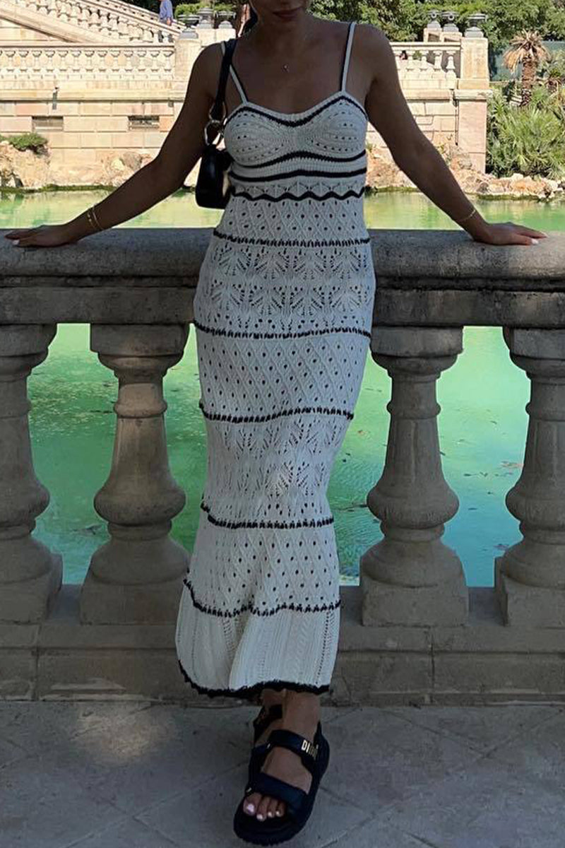 Fabiola Boutique Solid Color Hollow Out Contrast One Tier V Neck Skirt Dresses Evening Wear Edit