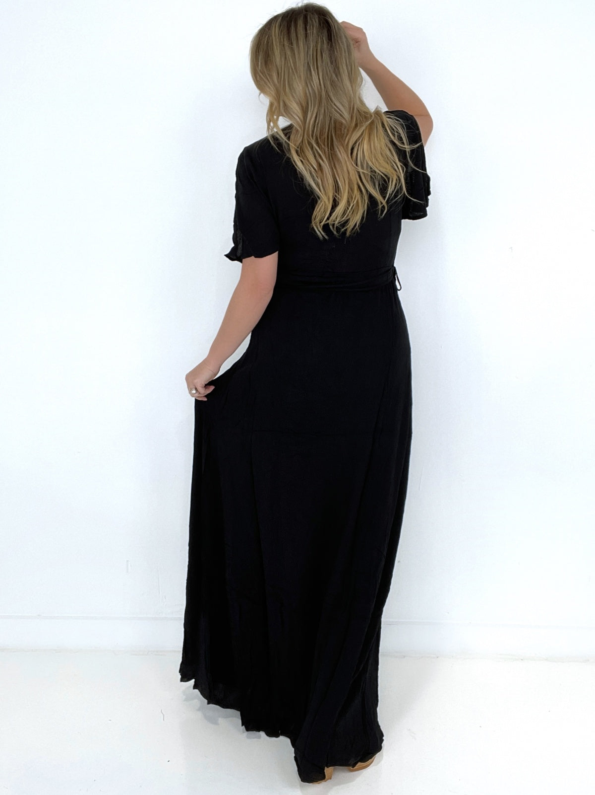 Zenana Woven Crinkle Gauze Wrap Tie Side Maxi Dress