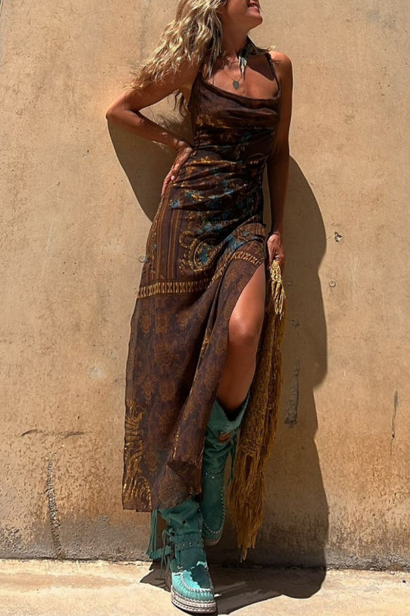 Valeria Chic Sling Dresses Geometric Print Backless Slit Strap Design (3 Colors) Designer Dress Edit