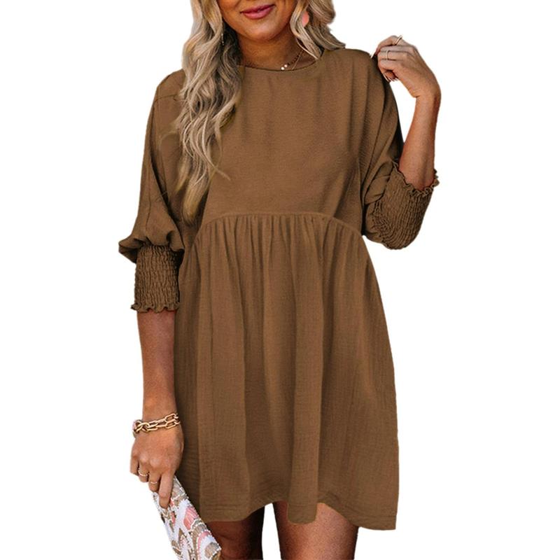 Round Neck Textured Smocked Cuff Sleeve Babydoll Mini Dress