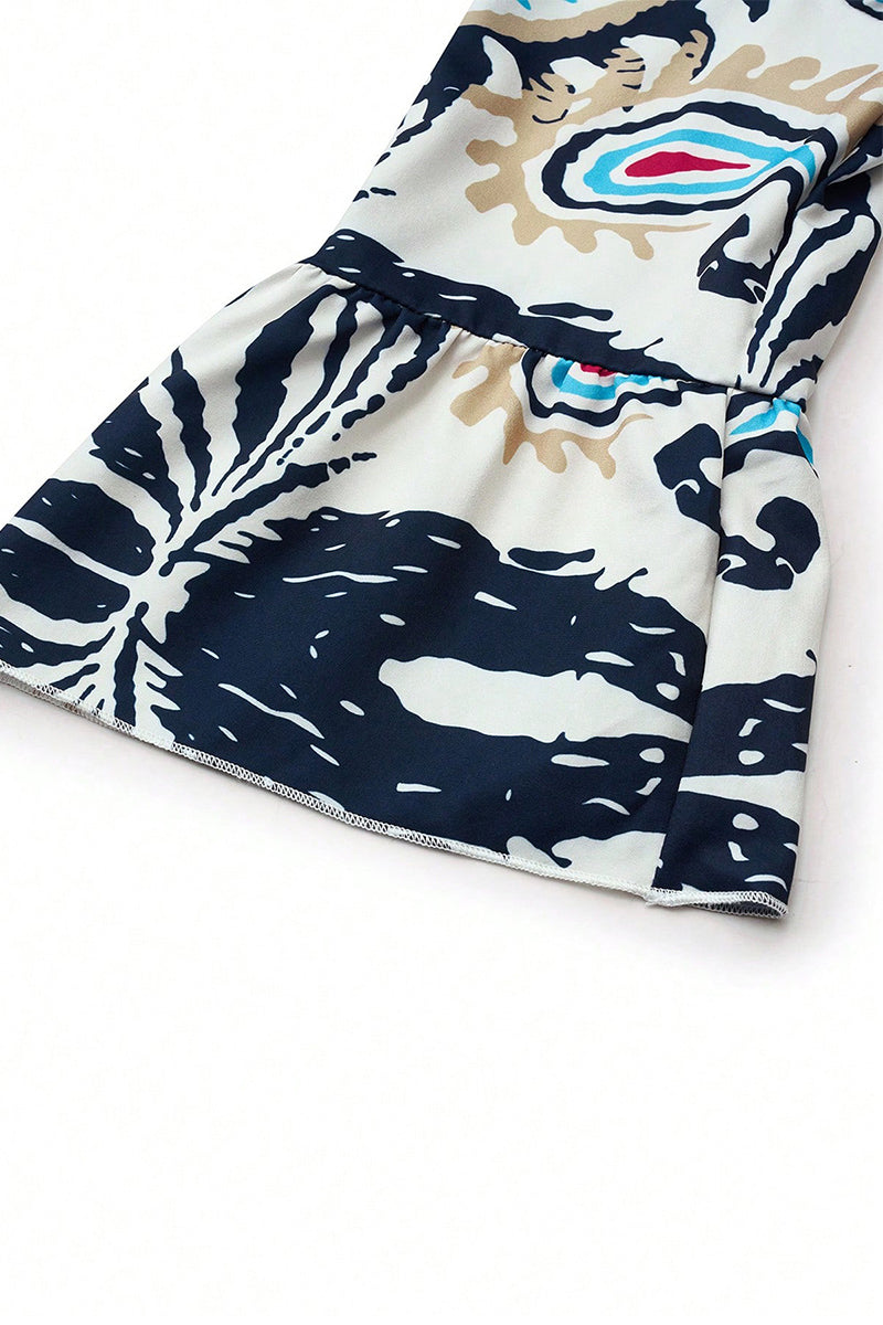 Yasmin Chic Casual Daily National Totem Print Patchwork Ruffles V Neck a Line Dresses Elevated Occasion Wear