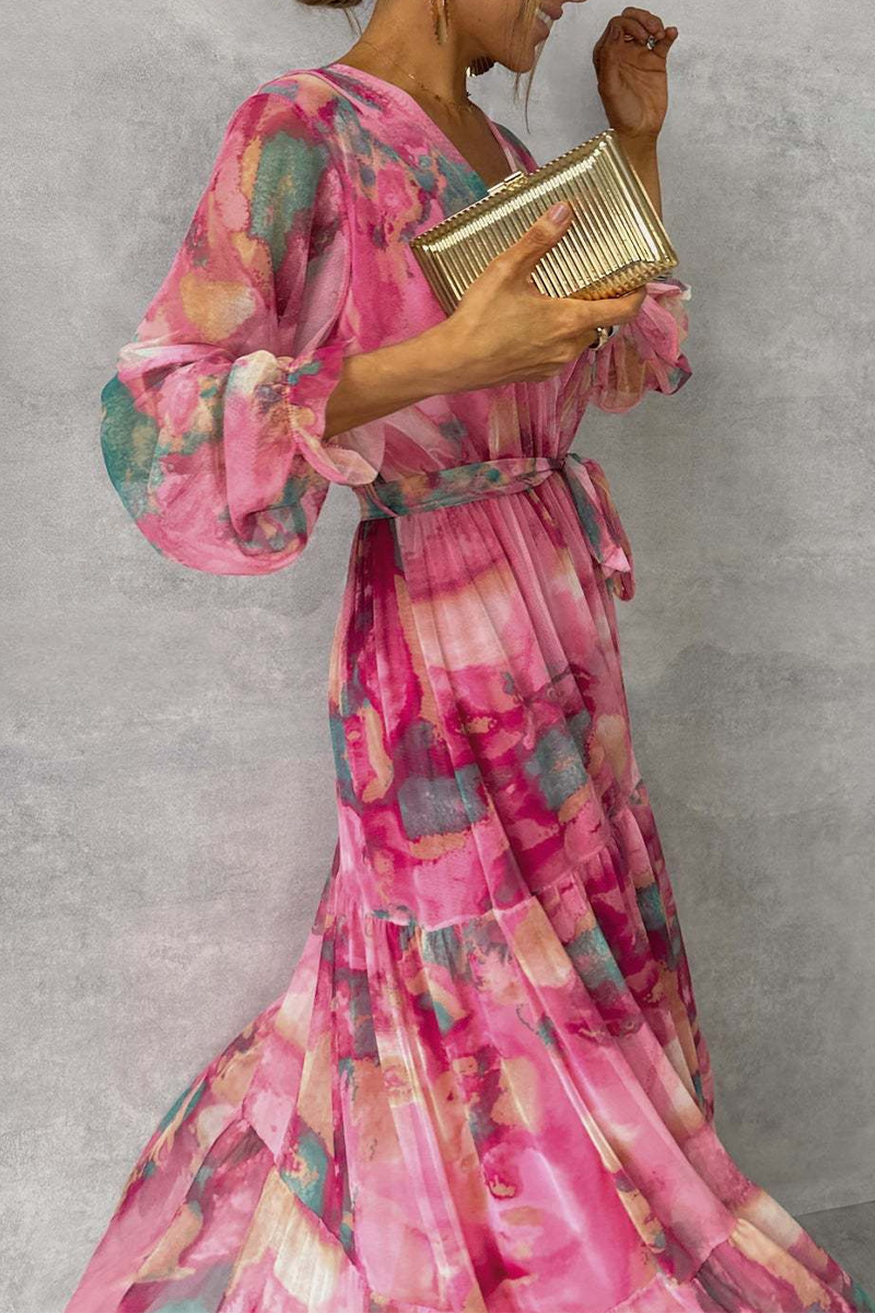 Allegra Exclusive A Line Dresses with Gradient Print, Lace Up, Ruffles and V Neck Elevated Occasion Wear