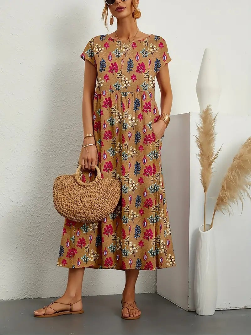 Round Neck Floral Short Sleeve Empire Waist A-Line Midi Dress