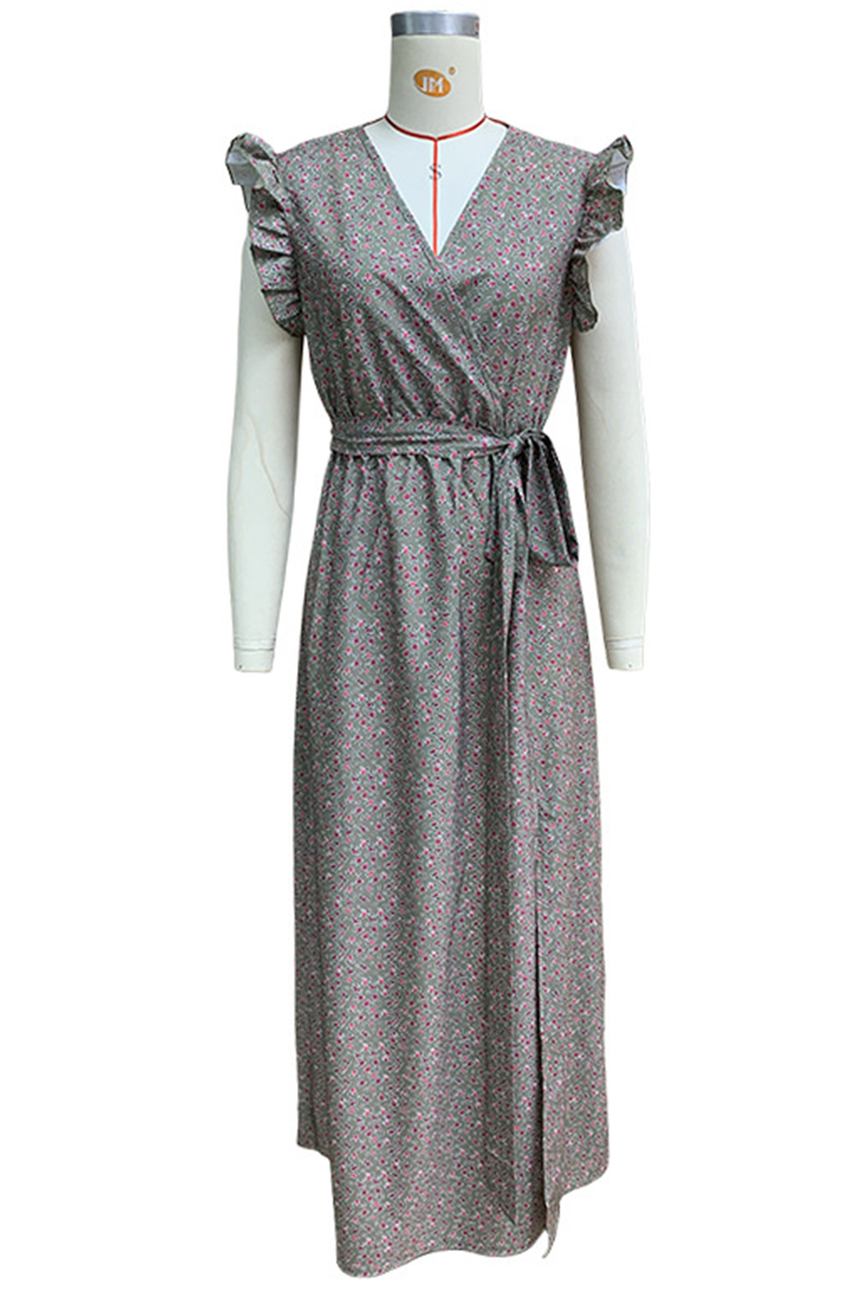 Yolanda Premium Casual Floral Print Street Dresses with Pocket Ruffles and a Line V Neck Statement Occasion Edit