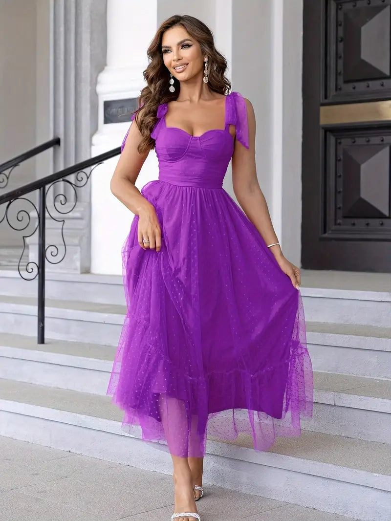 Sweetheart Neck Tie Strap Tulle Ruched A-Line Midi Dress