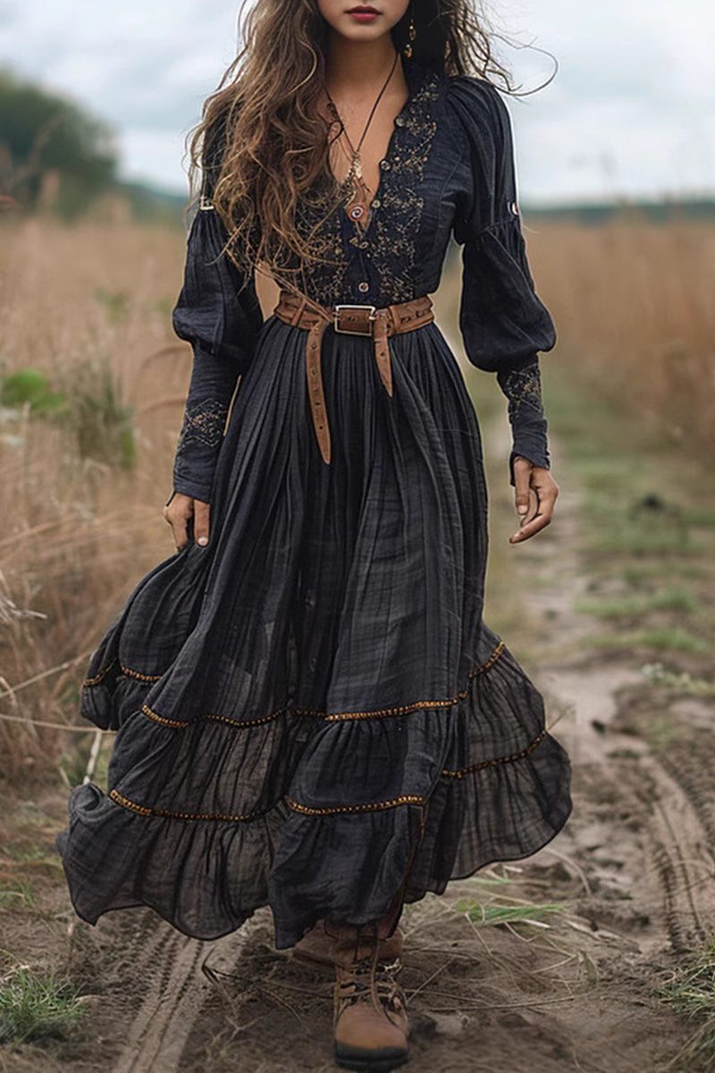 Adela Minimalist Casual Floral Embroidered Distressed a Line V Neck Dresses (without Waist Belt) Boutique Dress Collection