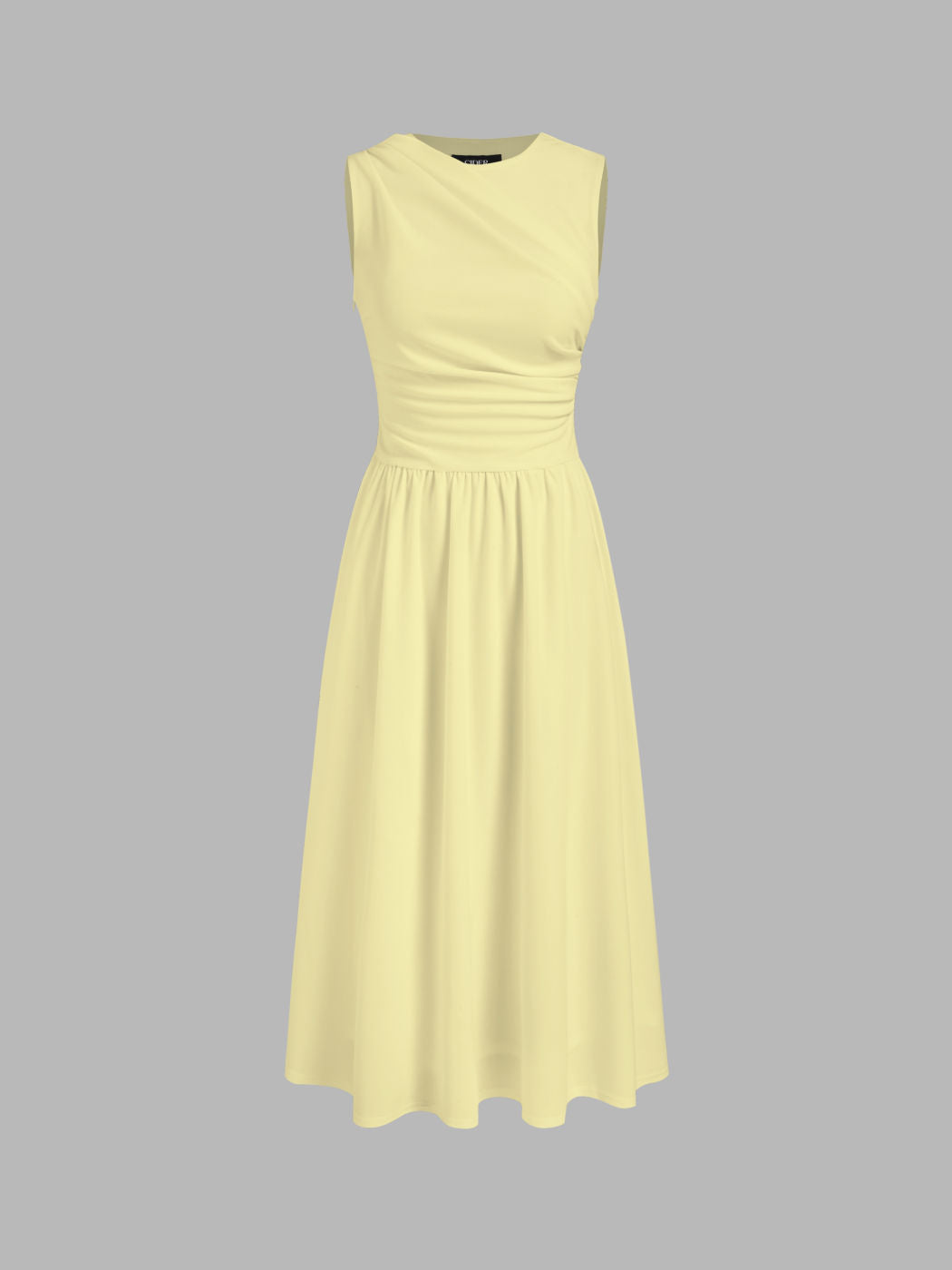 Yellow Boat Neck Ruched Waist Sleeveless A-Line Midi Dress 2