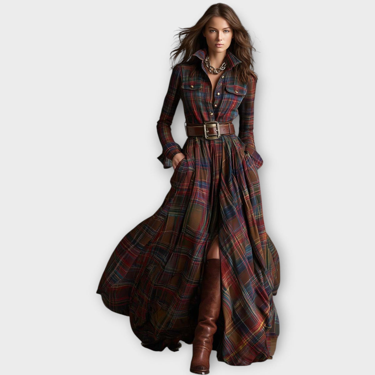 Collared Plaid Long Sleeve Belted Button-Front Flowing Maxi Shirt Dress