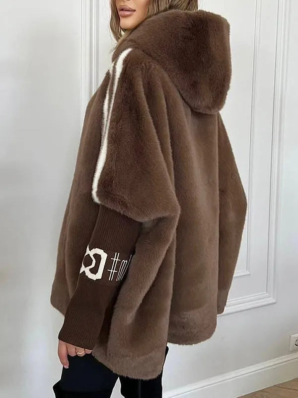 Hooded Faux Fur Striped Sleeve Zip-Up Jacket