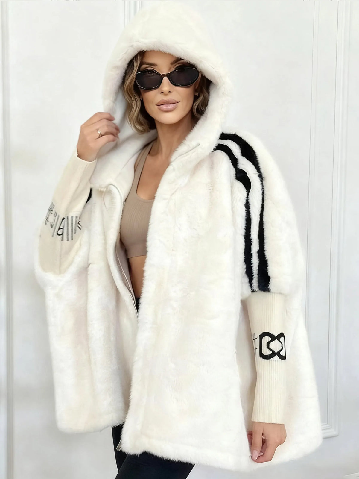 Hooded Faux Fur Striped Sleeve Zip-Up Jacket