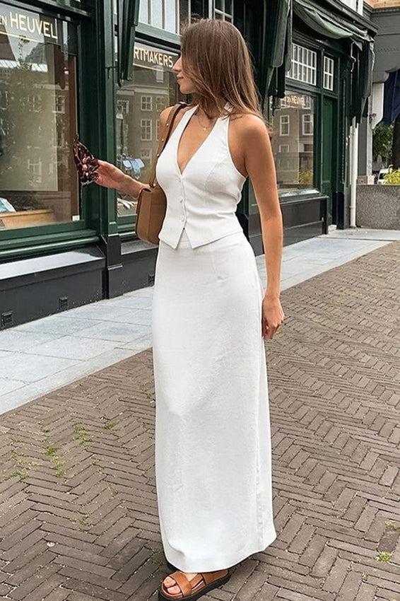 Linen Halter Vest Maxi Dress Two Piece Work Set