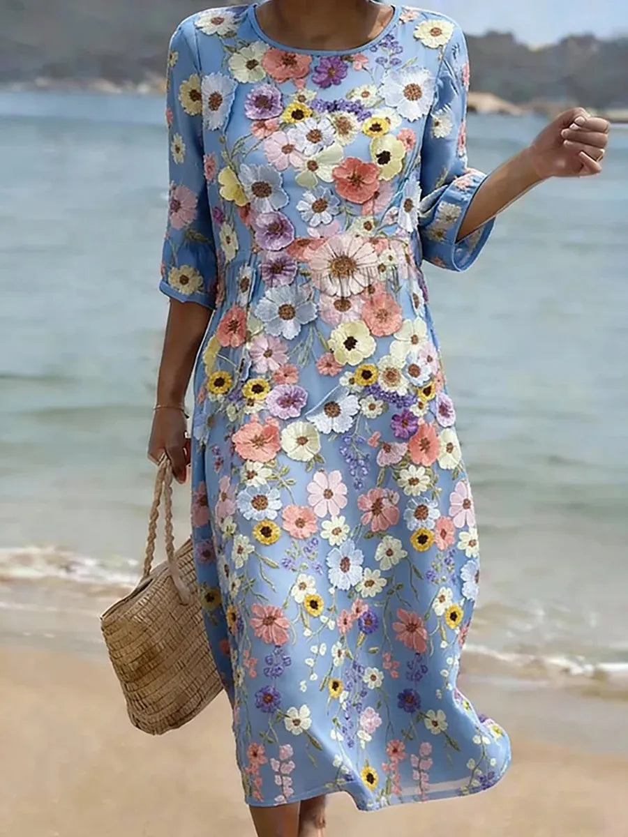 Round Neck Ditsy Floral Half Sleeve Empire Waist Midi Dress