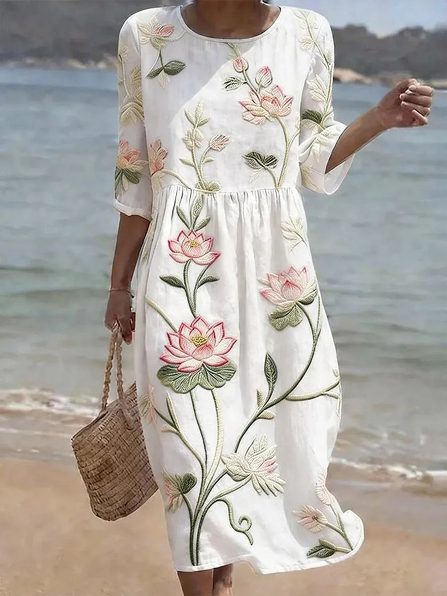 White Round Neck Lotus Floral Embroidered Empire Waist Midi Dress