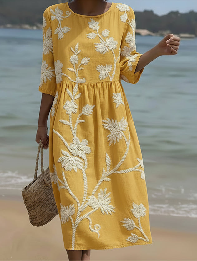 Round Neck Floral Vine Embroidered Three-Quarter Sleeve A-Line Midi Dress
